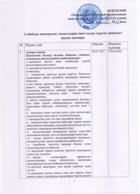 Сыбайлас жемқорлық тәуекелдеріне ішкі талдау жүргізу жөніндегі жұмыс жоспары