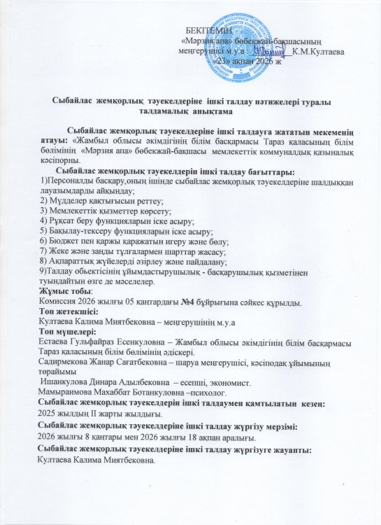 Сыбайлас жемқорлық тәуекелдеріне ішкі талдау нәтижелері туралы талдамалық анықтама